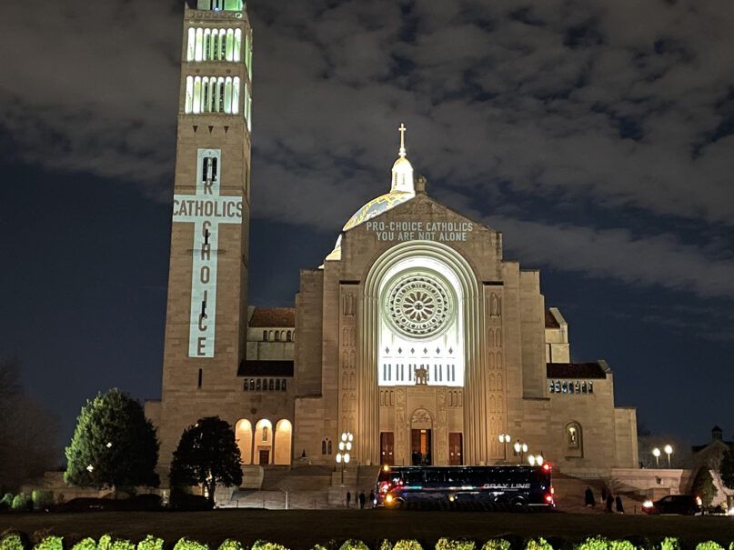 Messages voicing support for abortion rights are projected onto the Basilica of the National Shrine of the Immaculate Conception in Washington, D.C., Thursday, Jan. 20, 2021. (RNS photo by Jack Jenkins)