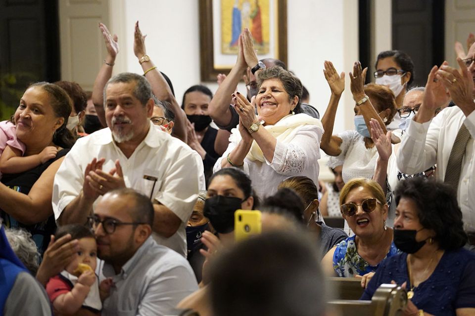 Parishioners react during the dedication of Sts. Peter & Paul Church in the Brooklyn borough of New York City June 29, 2021, the feast of Sts. Peter and Paul. The Mass marked the first time since 2008 the Brooklyn Diocese had opened a new church. (CNS)