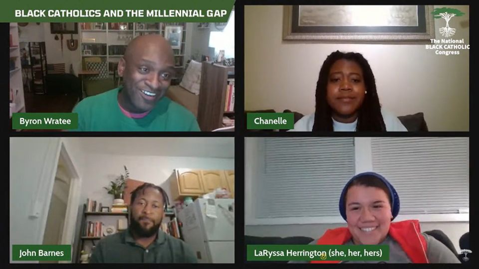 Four young Black Catholics engage in a 90-minute virtual conversation Jan. 10 hosted by the National Black Catholic Congress, titled "Imagining Our Ecological Future: Black Life and Laudato Si'." (EarthBeat screenshot)
