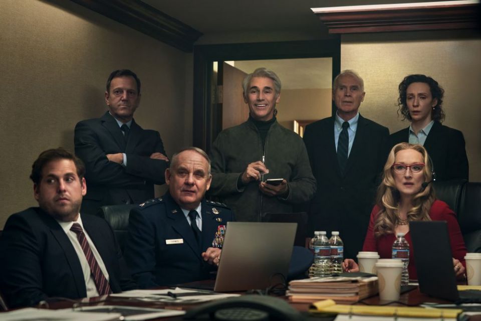 Meryl Streep (right front) plays U.S. President Orlean in Netflix's "Don't Look Up." (Netflix/Niko Tavernise)