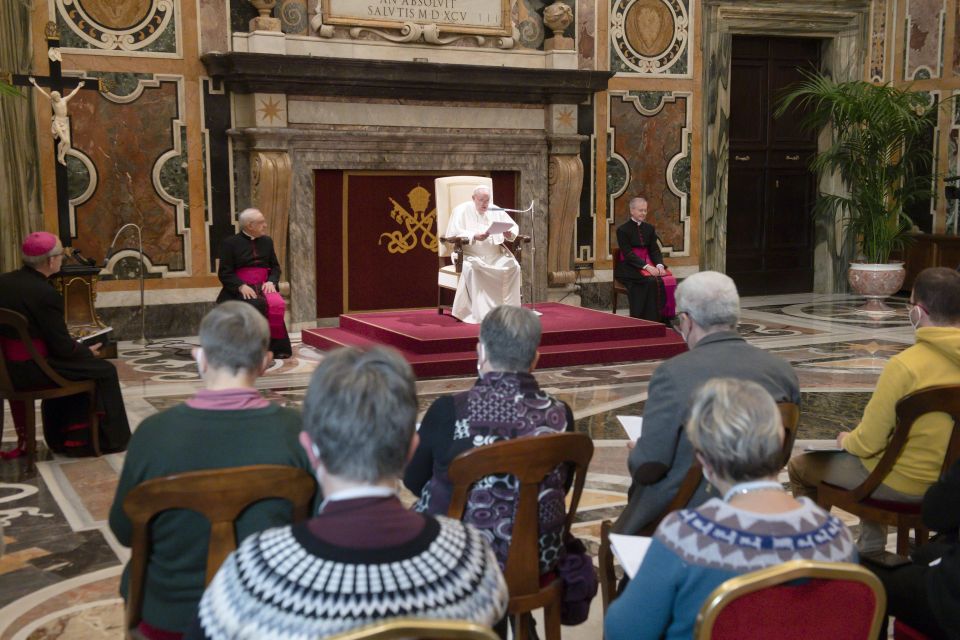 Pope Francis addresses leaders of the French Catholic Action movement during an audience at the Vatican Jan. 13, 2022. (CNS photo/Vatican Media)