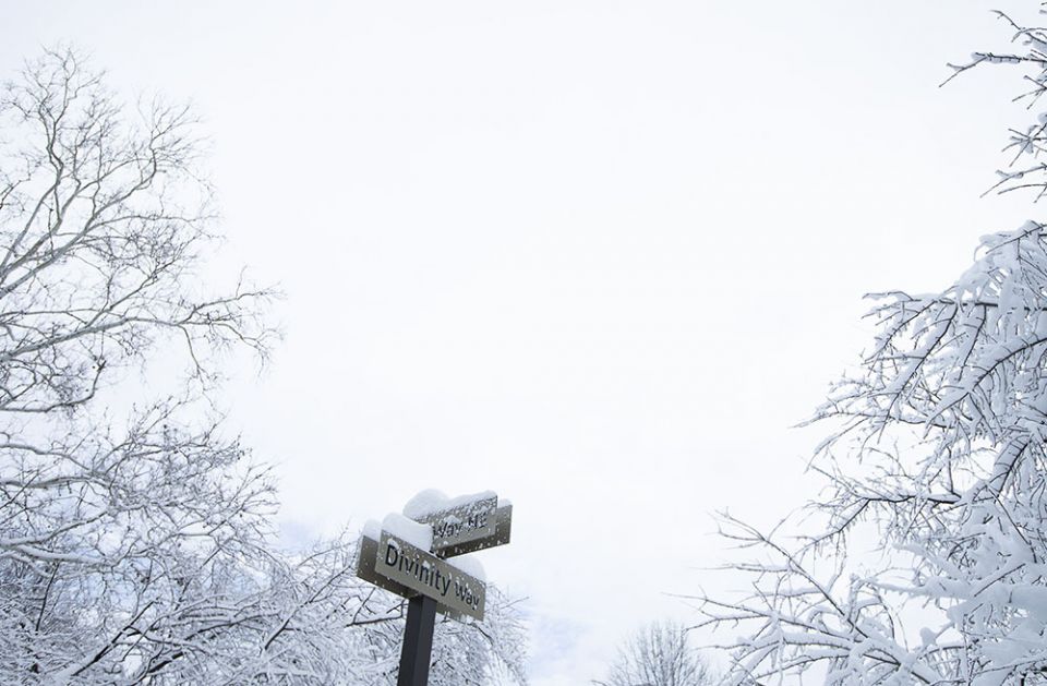 A street sign is seen on the campus of the Catholic University of America after a snowstorm in Washington Jan. 3, 2022. (CNS/Tyler Orsburn)