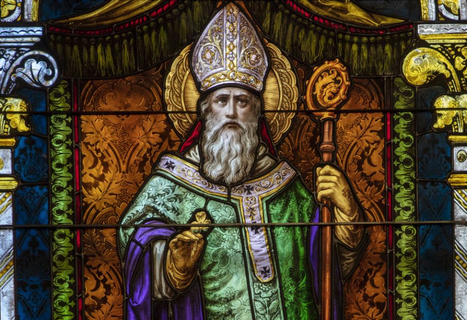 St. Patrick depicted in stained glass at St. Boniface Church in San Francisco. (CNS/Octavio Duran)