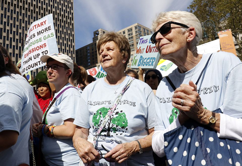 Sr. Helen Kearney, center, president of the Sisters of St. Joseph of Brentwood, New York, and St. Joseph Sr. Mary Doyle, right, participate in the Global Climate Strike Sept. 20, 2019, in New York City. (CNS/Gregory A. Shemitz)