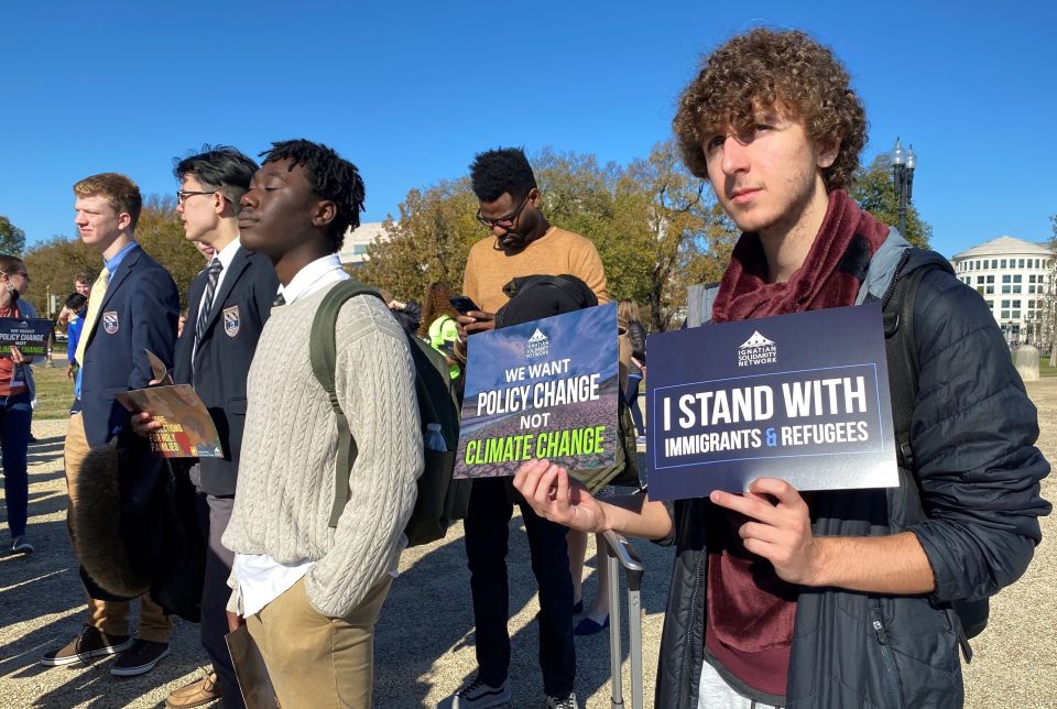 Students from the nation's Jesuit schools gather near the U.S. Capitol in Washington Nov. 8, 2021, to advocate for the environment and immigration as part of the Ignatian Family Teach-in for Justice. (CNS/Rhina Guidos)
