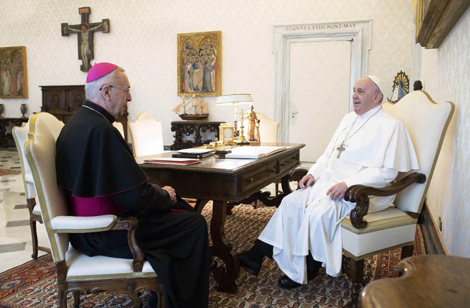Pope Francis meets Poznan Archbishop Stanislaw Gadecki, president of the Polish bishops' conference, during a private audience at the Vatican March 28. (CNS/Vatican Media)
