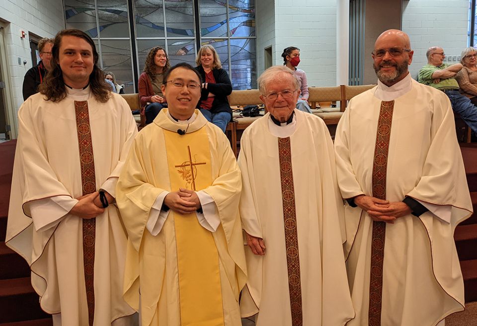From left: Paulist Frs. Evan Cummings, Jimmy Hsu, Vinny McKiernan and Ed Nowak of the St. Thomas More Newman Center at Ohio State University are pictured in this photo. (Courtesy of Paulist Fathers)