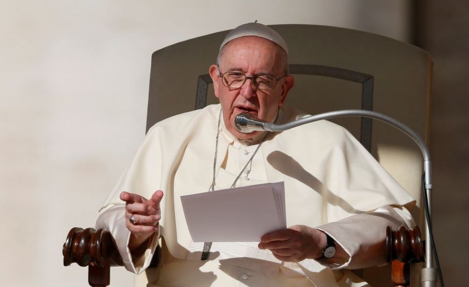 Pope Francis speaks during his general audience in St. Peter's Square at the Vatican Sept. 21. He met the same day with representatives from the Italian LGBT organization The Tent of Jonathan. (CNS photo/Paul Haring)