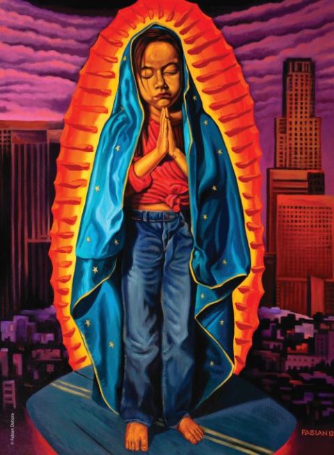 Artist Fabian Debora was inspired by his daughter Maya to paint "The Virgin of the Mary," titled by Maya, as homage to the many street murals of the Virgin in Los Angeles. (Courtesy of Loyola Press)